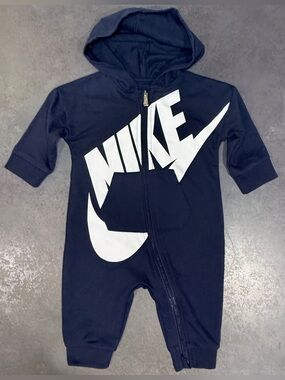 Nike Baby 6M Navy Hooded Zip Romper Big Logo Coverall One Piece